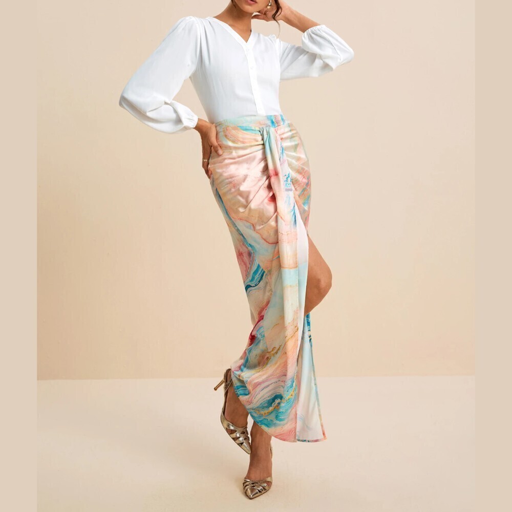 Orange / Blue Marble Print Draped Wrap Front High Slit Maxi Skirt - Picture 6 of 7